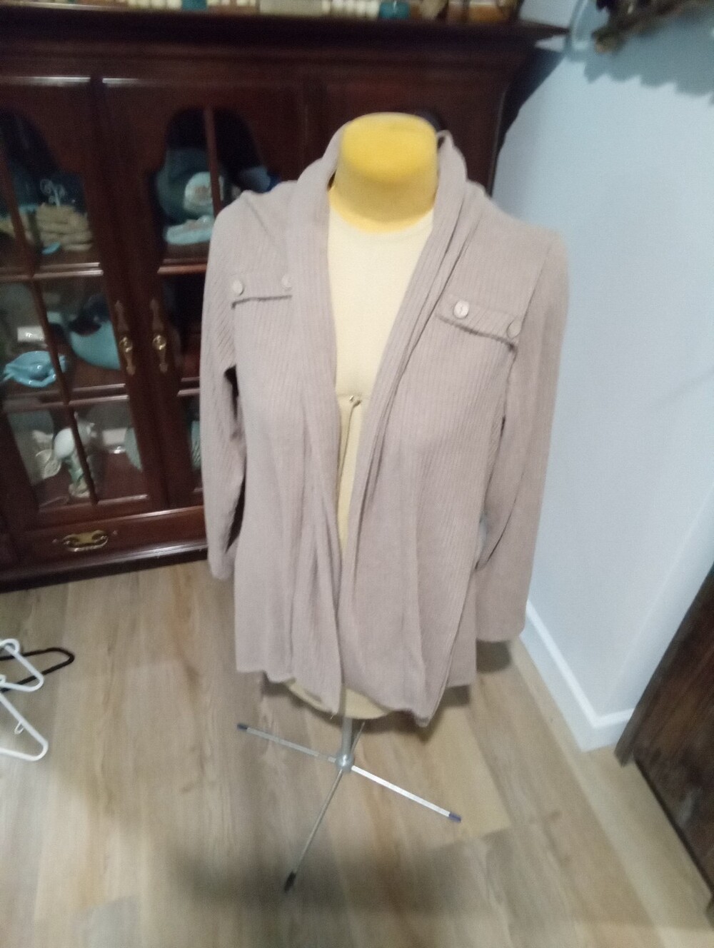 Cure Plus Size 2X Light Taupe Ribbed Open Front Cardigan